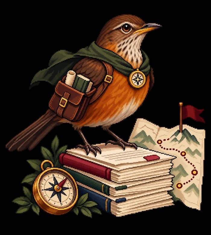 Mascote sabiá exploradora sobre livros e um mapa